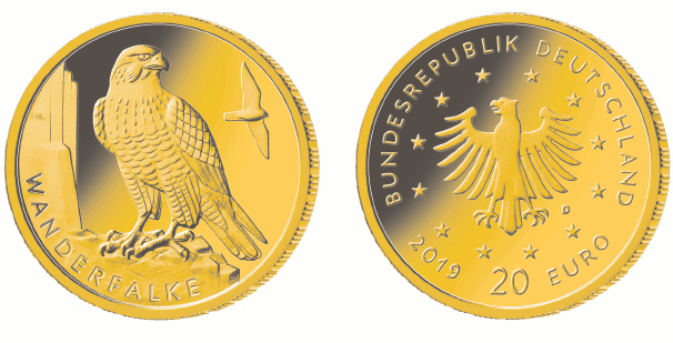 Abb. Bild- und Wertseite Münze "Wanderfalke" (BGBl. 2019 I S. 1381)