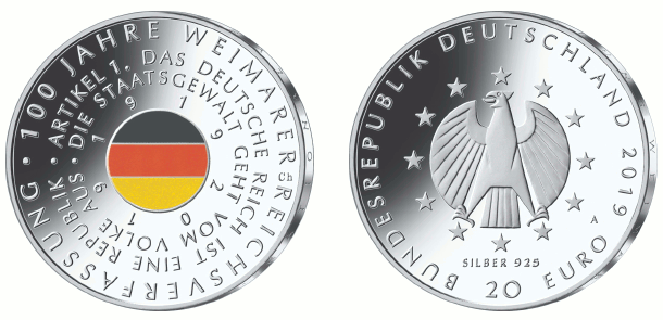 Abb. Bild- und Wertseite Münze "100 Jahre Weimarer Reichsverfassung" (BGBl. 2019 I S. 1382)