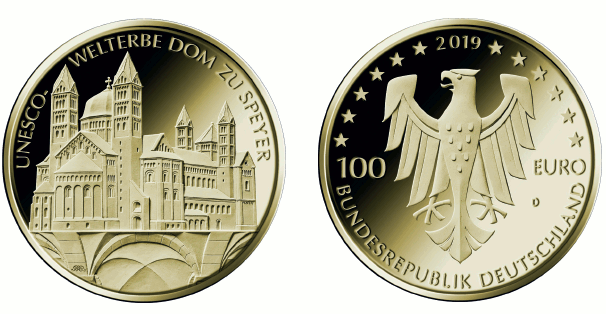 Bild- und Wertseite Goldmünze "UNESCO Welterbe - Dom zu Speyer" (BGBl. 2019 I S. 1541)