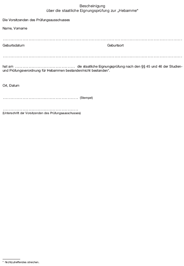 Bescheinigung über die staatliche Eignungsprüfung zur 'Hebamme' (BGBl. 2020 I S. 59)