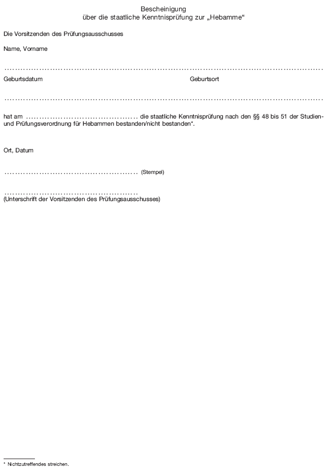 Bescheinigung über die staatliche Kenntnisprüfung zur 'Hebamme' (BGBl. 2020 I S. 61)