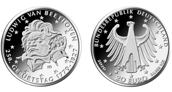 Abb. Bild- und Wertseite Gedenkmünze "250. Geburtstag Ludwig van Beethoven" (BGBl. 2020 I S. 133)