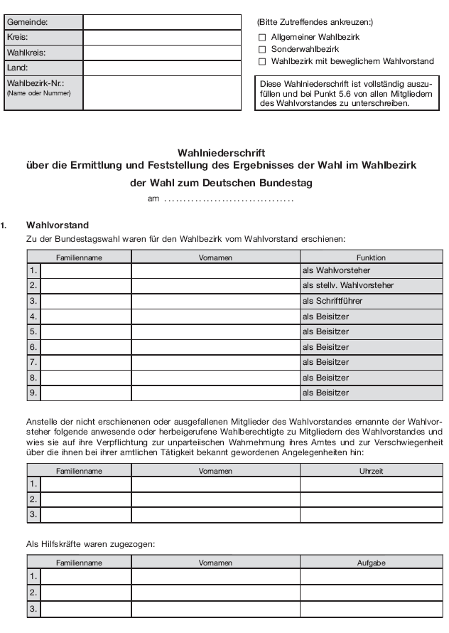 Wahlniederschrift über die Ermittlung und Feststellung des Ergebnisses der Wahl im Wahlbezirk, Seite 1 (BGBl. 2020 I S. 208)