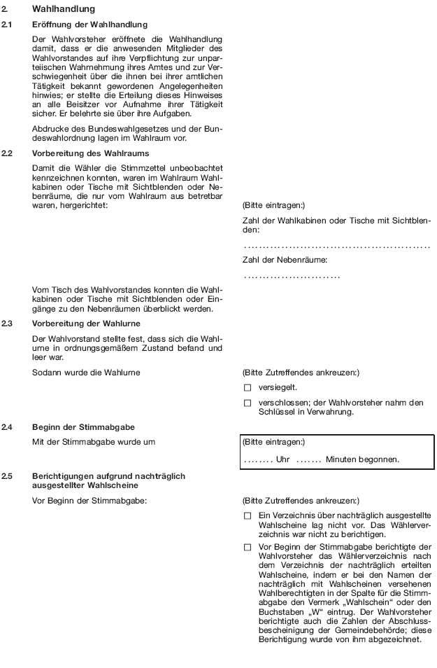 Wahlniederschrift über die Ermittlung und Feststellung des Ergebnisses der Wahl im Wahlbezirk, Seite 2 (BGBl. 2020 I S. 209)