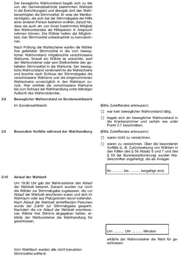 Wahlniederschrift über die Ermittlung und Feststellung des Ergebnisses der Wahl im Wahlbezirk, Seite 4 (BGBl. 2020 I S. 211)