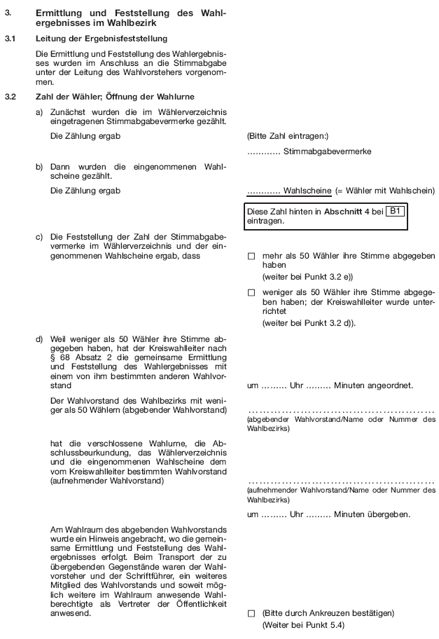 Wahlniederschrift über die Ermittlung und Feststellung des Ergebnisses der Wahl im Wahlbezirk, Seite 5 (BGBl. 2020 I S. 212)