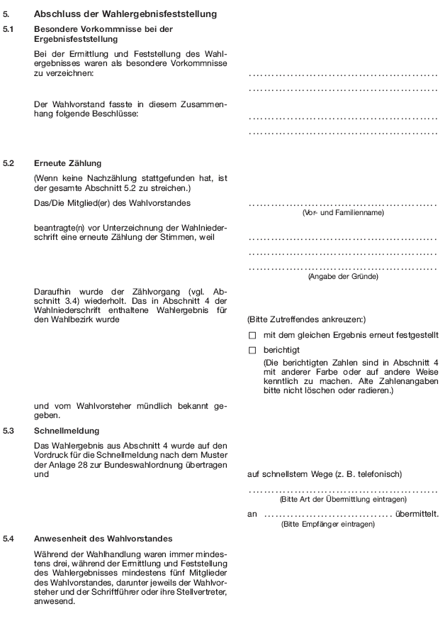 Wahlniederschrift über die Ermittlung und Feststellung des Ergebnisses der Wahl im Wahlbezirk, Seite 12 (BGBl. 2020 I S. 219)