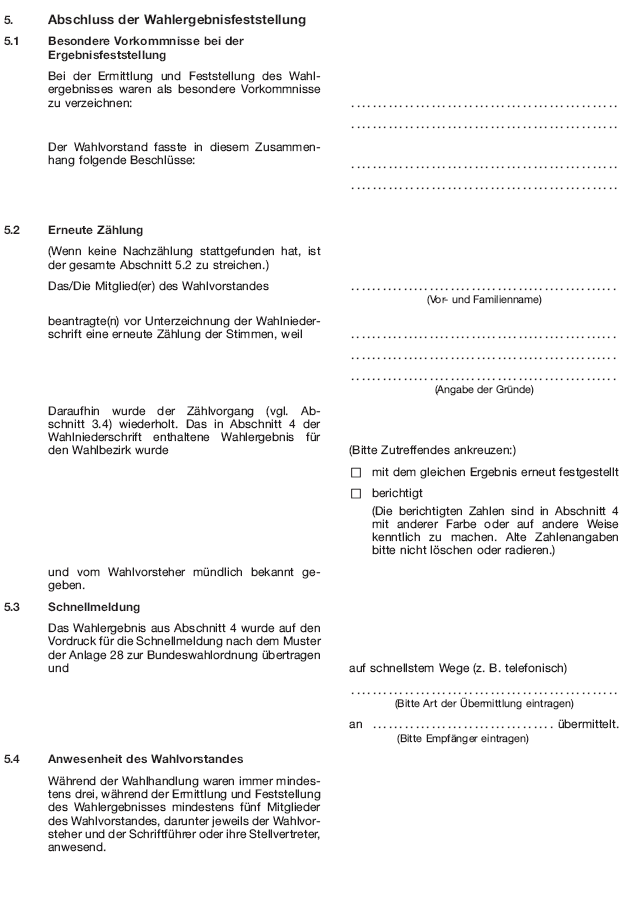 Wahlniederschrift über die Ermittlung und Feststellung des Ergebnisses der Wahl im Wahlbezirk, Seite 12 (BGBl. 2020 I S. 219)