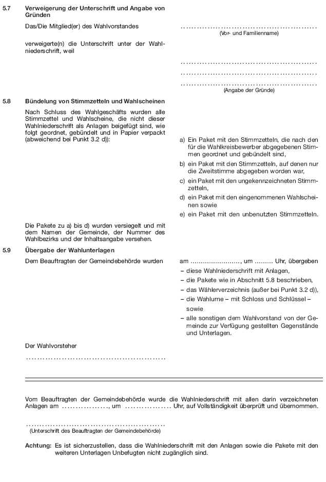 Wahlniederschrift über die Ermittlung und Feststellung des Ergebnisses der Wahl im Wahlbezirk, Seite 14 (BGBl. 2020 I S. 221)