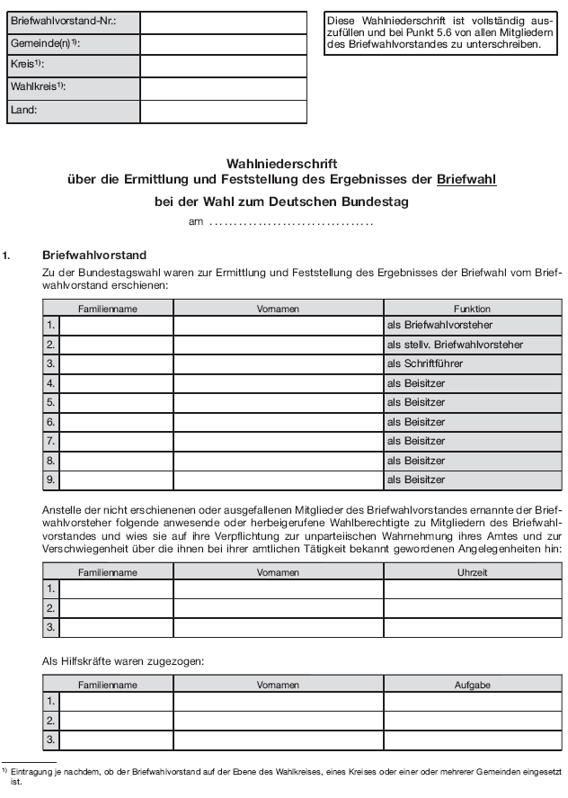 Wahlniederschrift über die Ermittlung und Feststellung des Ergebnisses der Briefwahl, Seite 1 (BGBl. 2020 I S. 222)