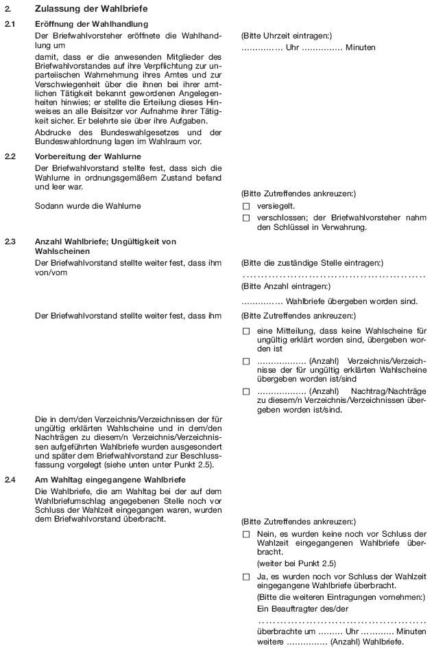 Wahlniederschrift über die Ermittlung und Feststellung des Ergebnisses der Briefwahl, Seite 2 (BGBl. 2020 I S. 223)