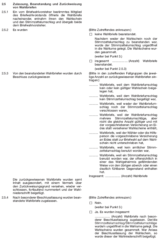 Wahlniederschrift über die Ermittlung und Feststellung des Ergebnisses der Briefwahl, Seite 3 (BGBl. 2020 I S. 224)