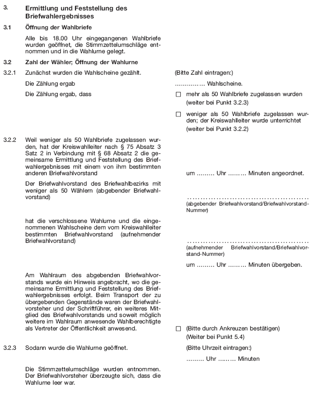 Wahlniederschrift über die Ermittlung und Feststellung des Ergebnisses der Briefwahl, Seite 4 (BGBl. 2020 I S. 225)