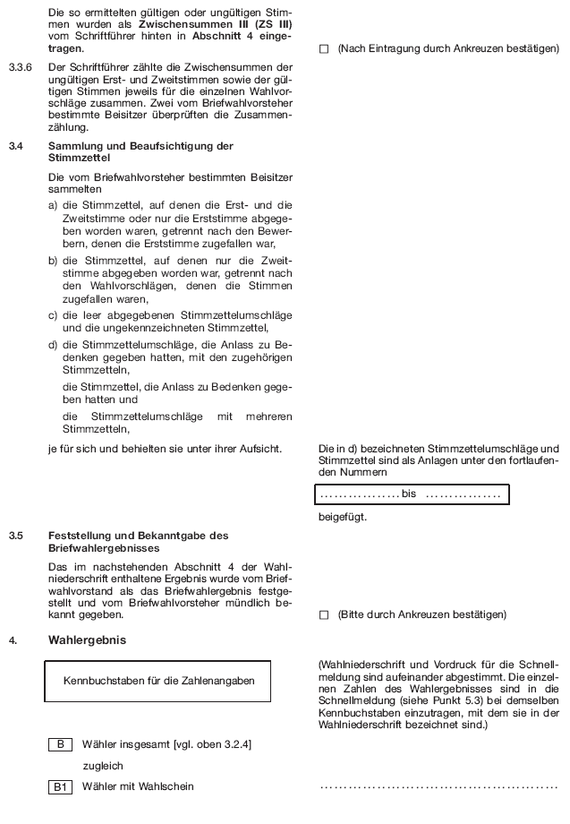 Wahlniederschrift über die Ermittlung und Feststellung des Ergebnisses der Briefwahl, Seite 8 (BGBl. 2020 I S. 229)