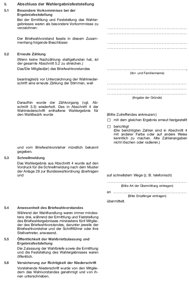 Wahlniederschrift über die Ermittlung und Feststellung des Ergebnisses der Briefwahl, Seite 10 (BGBl. 2020 I S. 231)