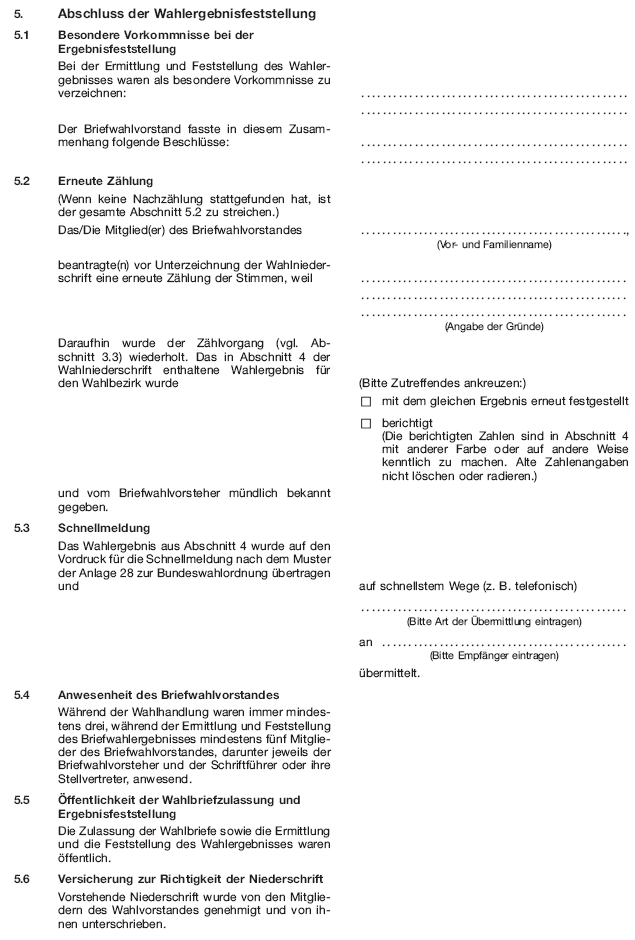 Wahlniederschrift über die Ermittlung und Feststellung des Ergebnisses der Briefwahl, Seite 10 (BGBl. 2020 I S. 231)