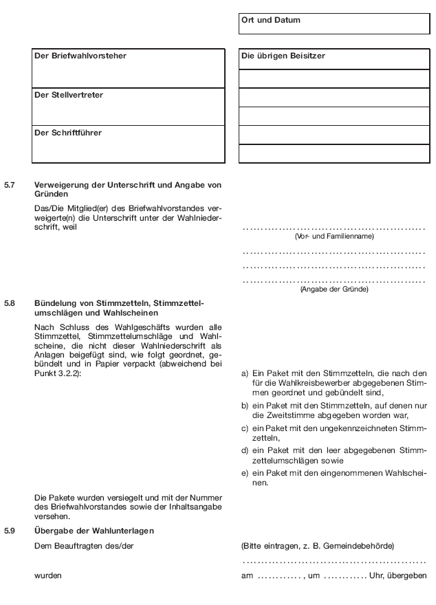 Wahlniederschrift über die Ermittlung und Feststellung des Ergebnisses der Briefwahl, Seite 11 (BGBl. 2020 I S. 232)