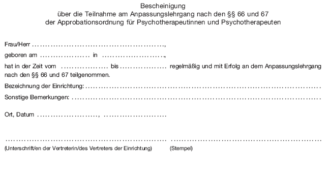 Bescheinigung über die Teilnahme am Anpassungslehrgang (BGBl. 2020 I S. 480)