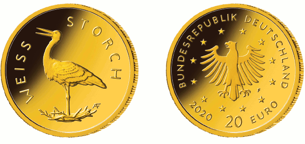 Abb. Bild- und Wertseite Goldmünze "Weißstorch" (BGBl. 2020 I S. 2011)