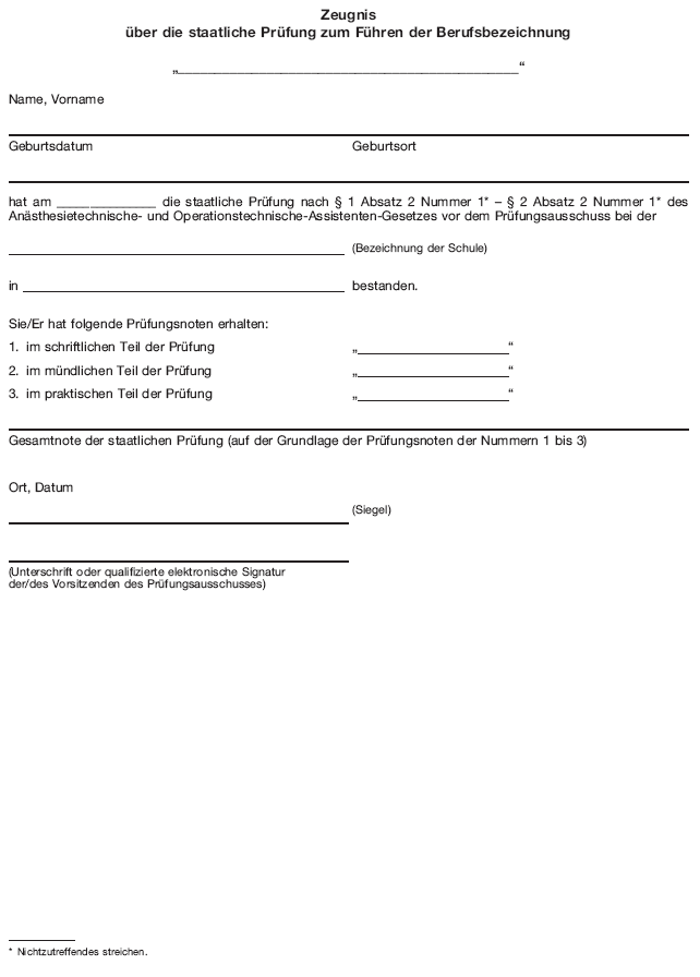 Muster Zeugnis über die staatliche Prüfung zum Führen der Berufsbezeichnung (BGBl. 2020 I S. 2325)