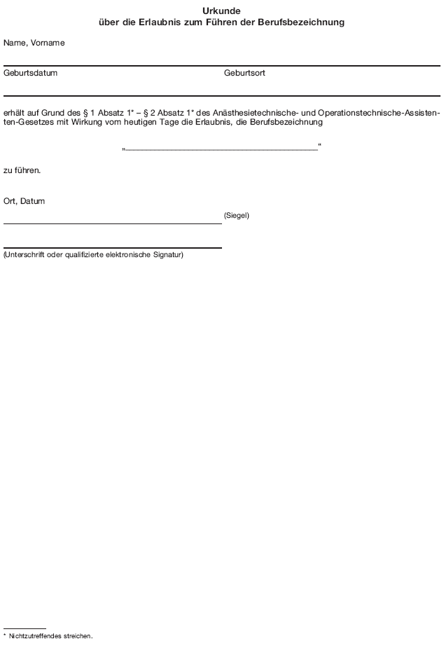 Muster Urkunde über die Erlaubnis zum Führen der Berufsbezeichnung (BGBl. 2020 I S. 2326)