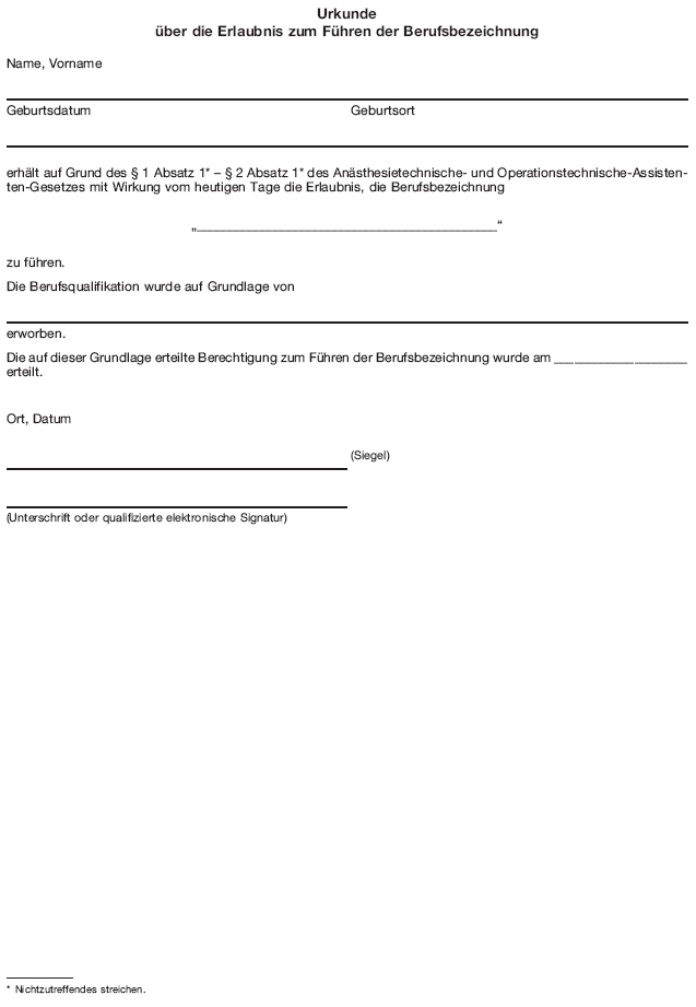 Muster Urkunde über die Erlaubnis zum Führen der Berufsbezeichnung (BGBl. 2020 I S. 2327)