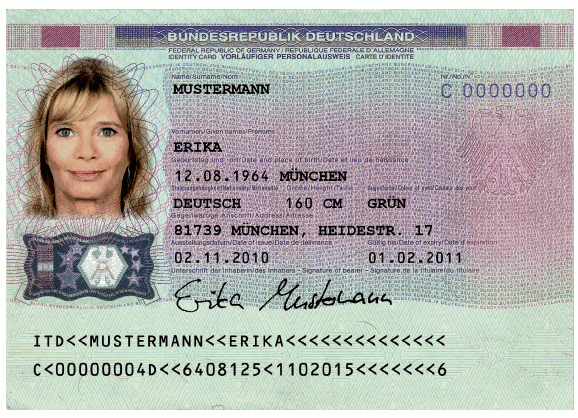 Muster Vorläufiger Personalausweis Vorderseite (BGBl. 2020 I S. 2754)