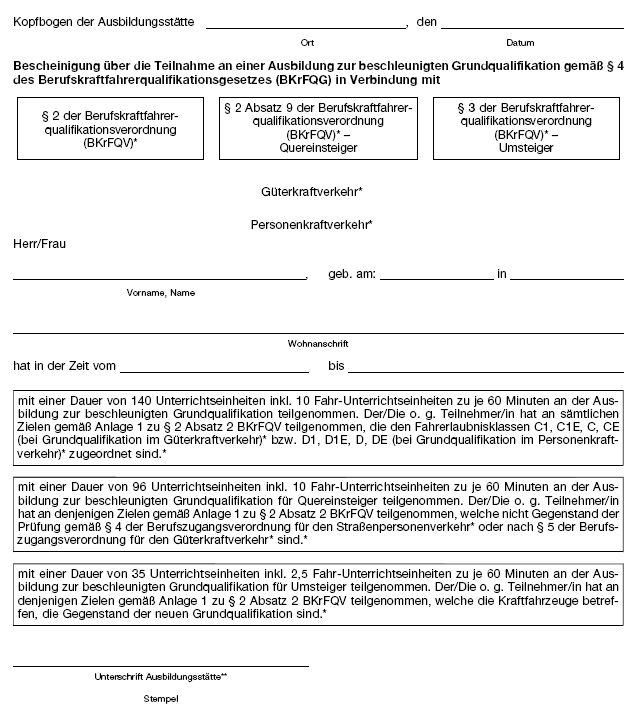 Musterbescheinigung über die Teilnahme an einer Ausbildung zur beschleunigten Grundqualifikation, Seite 1 (BGBl. 2020 I S. 2915)