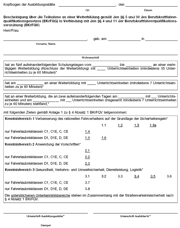 Musterbescheinigung über die Teilnahme an einer Weiterbildung, Seite 1 (BGBl. 2020 I S. 2917)