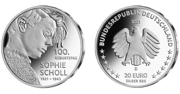 Abb. von Bild- und Wertseite Gedenkmünze "100. Geburtstag Sophie Scholl" (BGBl. 2021 I S. 957)