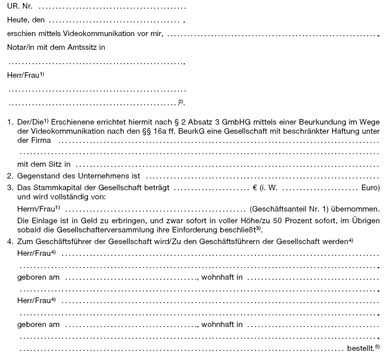 Musterprotokoll für die Gründung einer Einpersonengesellschaft mittels Videokommunikation, Seite 1 (BGBl. 2021 I S. 3364)