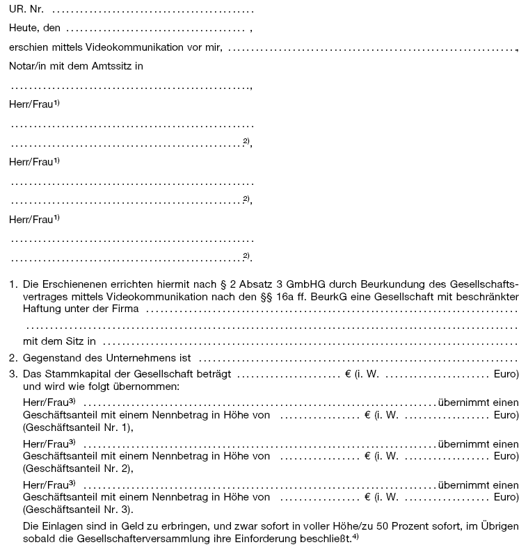 Musterprotokoll für die Gründung einer Mehrpersonengesellschaft mittels Videokommunikation, Seite 1 (BGBl. 2021 I S. 3365)