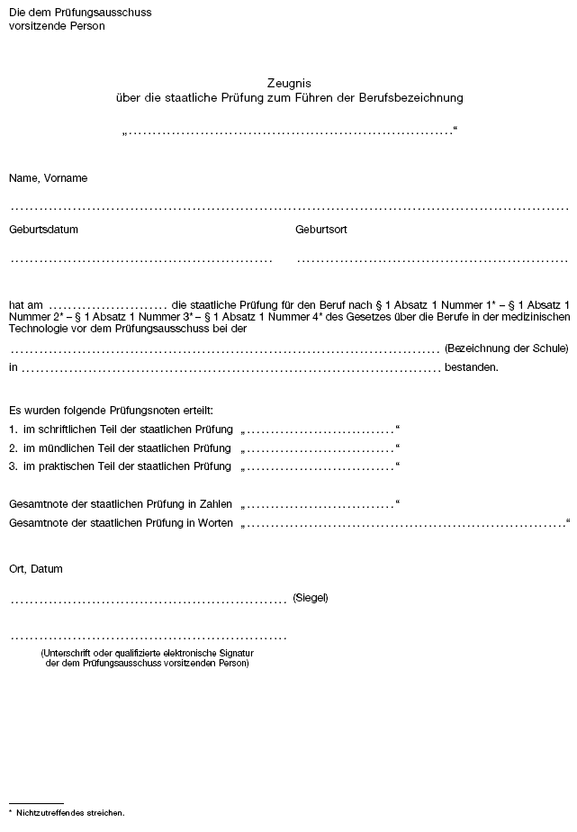 Muster Zeugnis über die staatliche Prüfung zum Führen der Berufsbezeichnung (BGBl. 2021 I S. 4509)