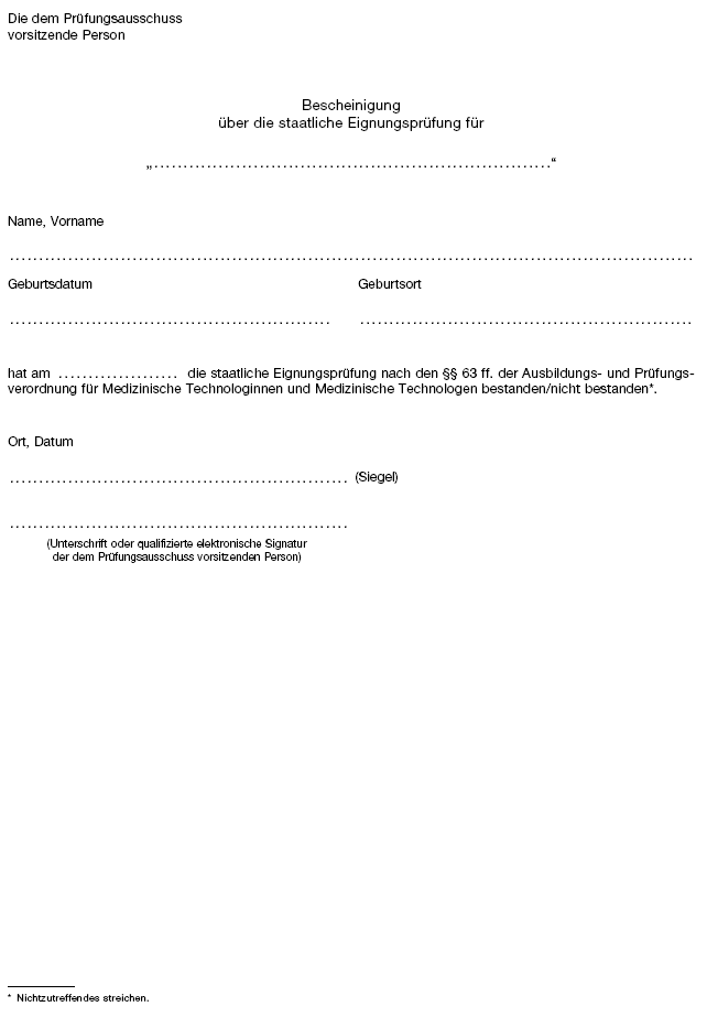 Muster Bescheinigung über die staatliche Eignungsprüfung (BGBl. 2021 I S. 4511)