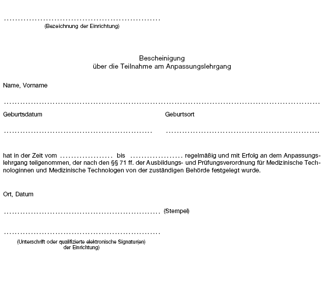 Muster Bescheinigung über die Teilnahme am Anpassungslehrgang (BGBl. 2021 I S. 4512)