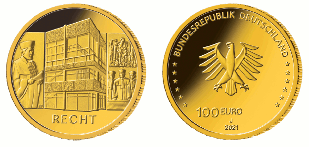 Abb. Bild- und Wertseite Goldmünze "Recht" (BGBl. 2021 I S. 4647)