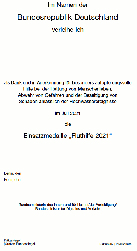 Verleihungsurkunde Einsatzmedaille „Fluthilfe 2021" (BGBl. 2022 I S. 1497)