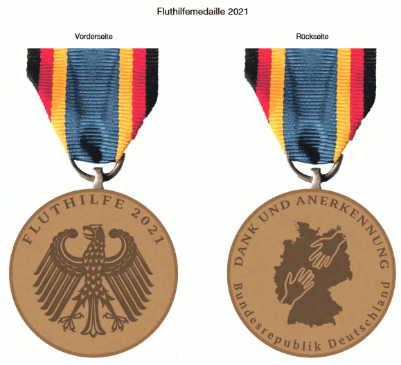 Abb. von Vorder- und Rückseite der Einsatzmedaille „Fluthilfe 2021" (BGBl. 2022 I S. 1498)