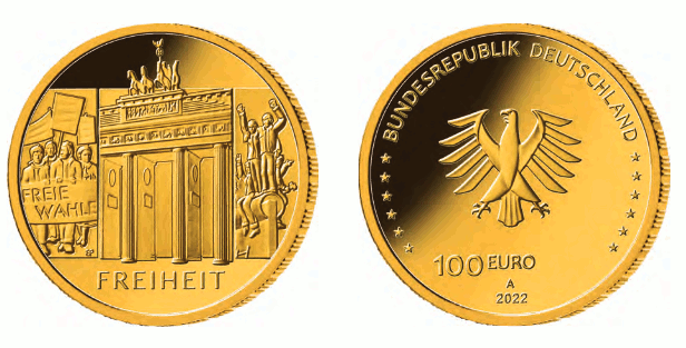 Abb. von Bild- und Wertseite Goldmünze "Freiheit" (BGBl. 2022 I S. 1510)