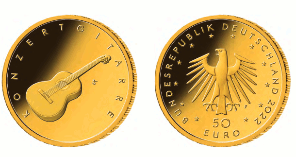 Abb. von Bild- und Wertseite Goldmünze "Konzertgitarre" (BGBl. 2022 I S. 1512)