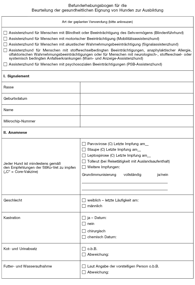 Befunderhebungsbogen für die Beurteilung der gesundheitlichen Eignung von Hunden zur Ausbildung (BGBl. 2022 I S. 2444)