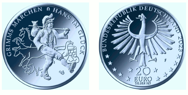 Abb. von Bild- und Wertseite Gedenkmünze "Hans im Glück" (BGBl. 2023 I Nr. 131)
