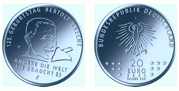 Abb. von Bild- und Wertseite Gedenkmünze "125. Geburtstag Bertolt Brecht" (BGBl. 2023 I Nr. 132)