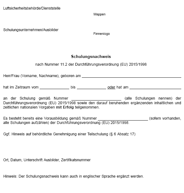 Muster - Schulungsnachweis (BGBl. 2023 I Nr. 193, S. 23)