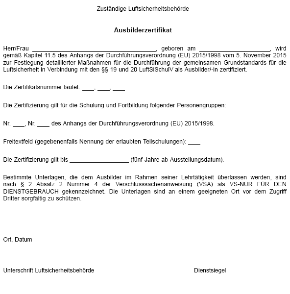 Muster - Ausbilderzertifikat (BGBl. 2023 I Nr. 193, S. 29)