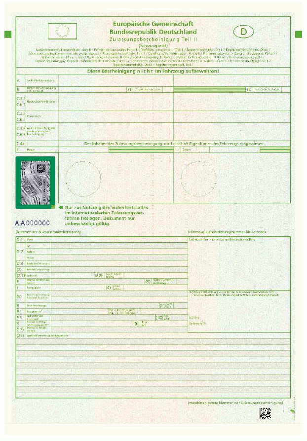 Abbildung der Zulassungsbescheinigung Teil II mit sichtbarer Markierung (BGBl. 2023 I Nr. 199 S. 107)