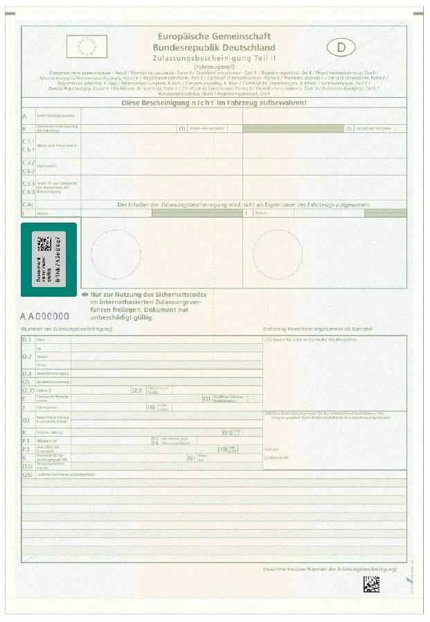 Abbildung der Zulassungsbescheinigung Teil II mit freigelegter Markierung (BGBl. 2023 I Nr. 199 S. 108)