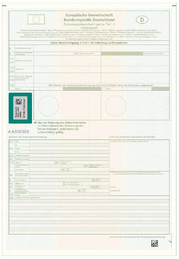 Abbildung der Zulassungsbescheinigung Teil II mit freigelegter Markierung (BGBl. 2023 I Nr. 199 S. 108)