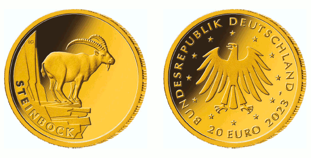 Abb. Vorder- und Rückseite Goldmünze "Steinbock" (BGBl. 2023 I Nr. 244)