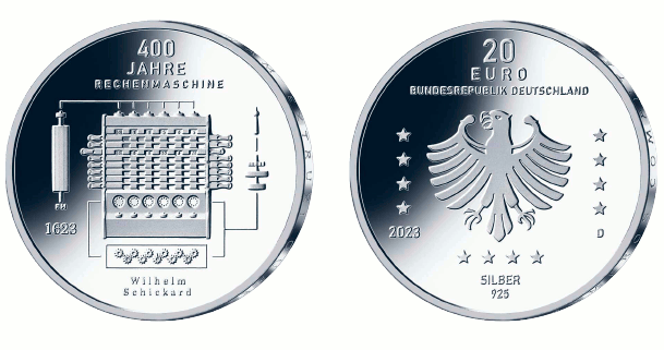 Abb. von Bild- und Wertseite Gedenkmünze "400 Jahre Rechenmaschine von Wilhelm Schickard" (BGBl. 2023 I Nr. 298 S. 2)